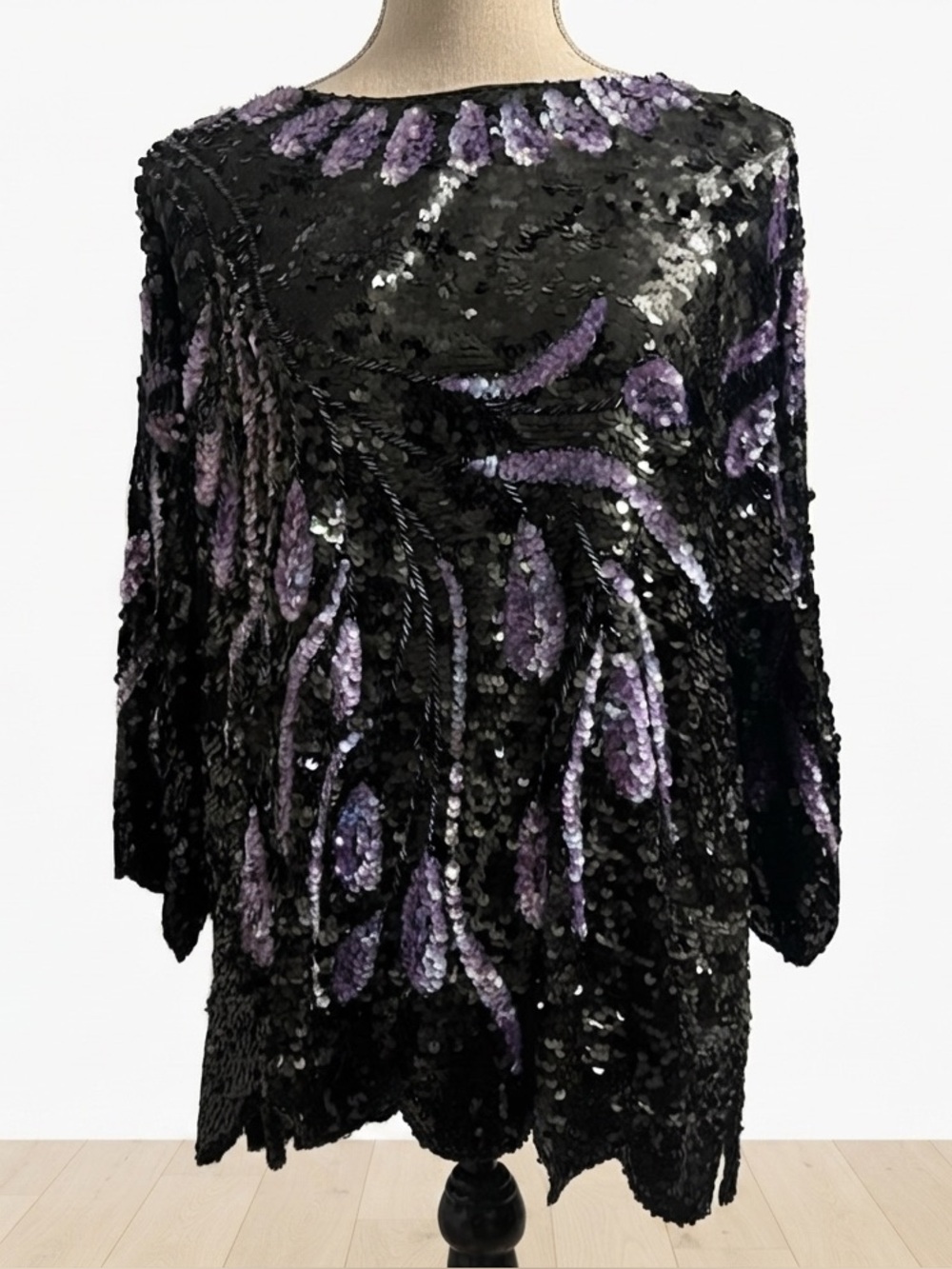 Vintage 80s Silk Top Beads & Sequins Glam XL Dolman